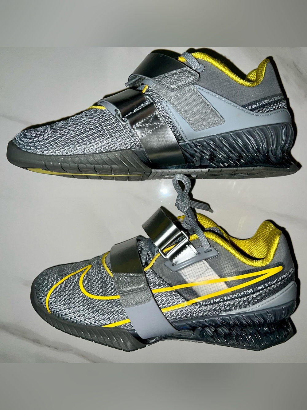 Nike Mens Gray and Yellow Athletic Shoes with Loop Straps weightlifting firm